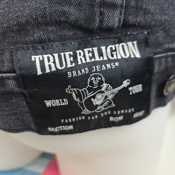 True Religion Jacket Mens Large Black Denim Trucker Casual Rocker Grunge Stretch - Picture 8 of 11